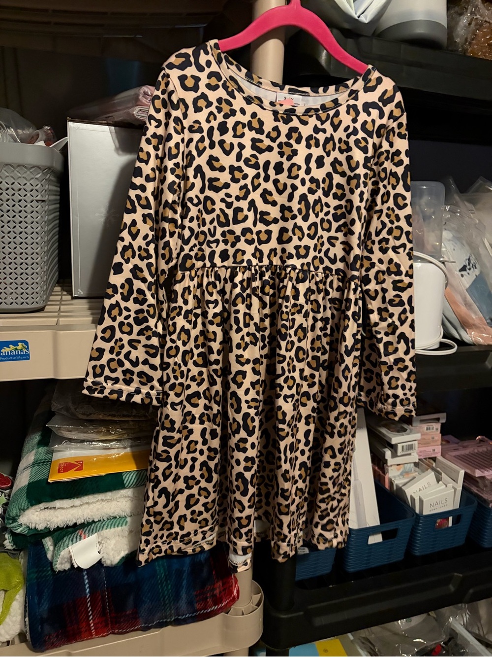 Kids Long-Sleeve Leopard Print Dress - Beige/Black